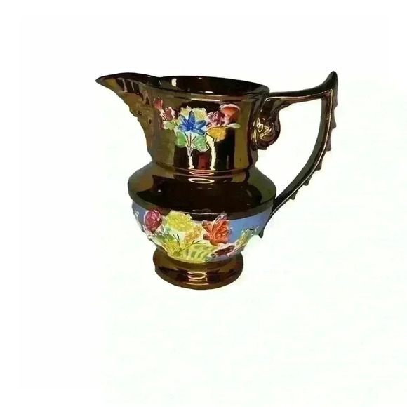 English Copper Antique Lustre Jug with Mask Spout Dolphin Handle & Flowe… - Picture 1 of 14